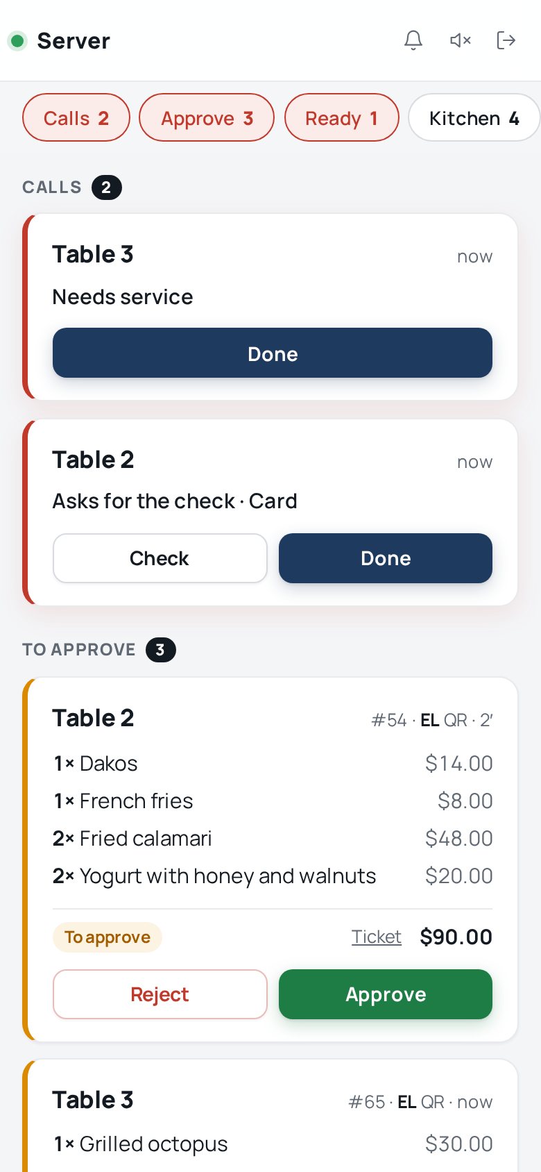 Server screen on a phone: calls and orders